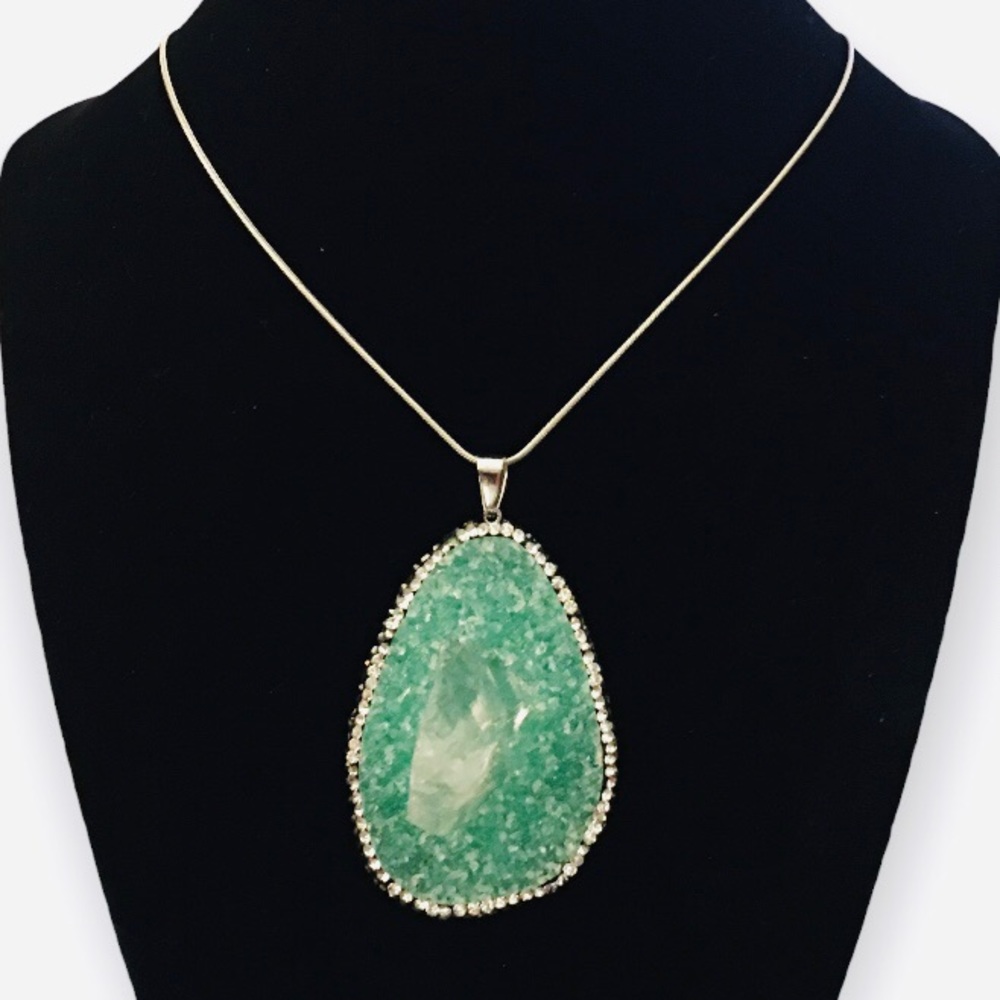 Green Drusy Quartz, White and Hematite Australian Crystal Pendant Necklace